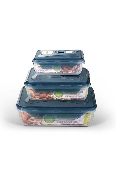 ROYALFORD علبة طعام مستطيلة من 3 قطع مع غطاء، أزرق/شفاف