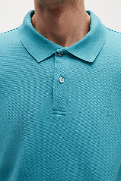 D'S Damat Ds Damat Regular Fit Turquoise 100% Cotton Long Lasting No Curl Polo Neck Embroidered T-Shirt