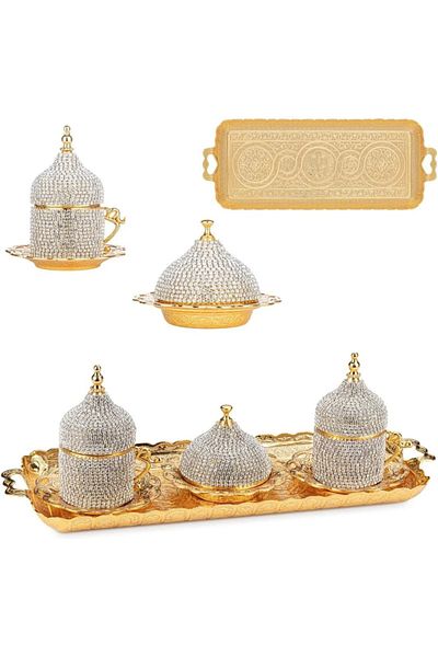 AiroBazar Coffee Set Coffee Cup 2 Person Stoned Set Turkish Coffee Cup Ottoman Style Cup with Zamak Stones