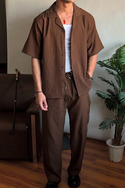 Tarz Cool Men's Brown Apaj Collar Shirt Trousers Suit