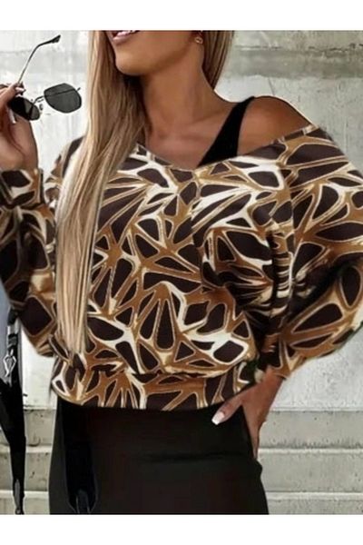 nedo7 Women's Long Sleeve Strappy Round Neck Slit Diving Dress with Collar Greek Pattern Blouse Double