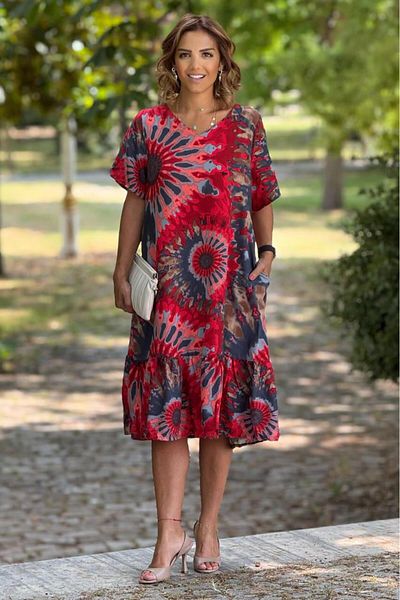 Nevin Kaya Moda Φούστα με λαιμόκοψη V με βολάν Κόκκινο έθνικ σχέδιο 100% βαμβακερό φόρεμα