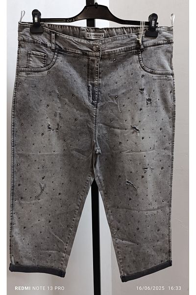 AKŞEN GİYİM Plus Size Full Lycra High Waisted Snow Wash Stoned Summer Denim Fabric Capri