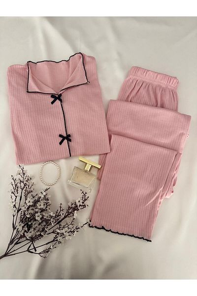 MH Moony Homewears 2-Piece Pink Ribbon Detailed Combed Cotton Pajama Set