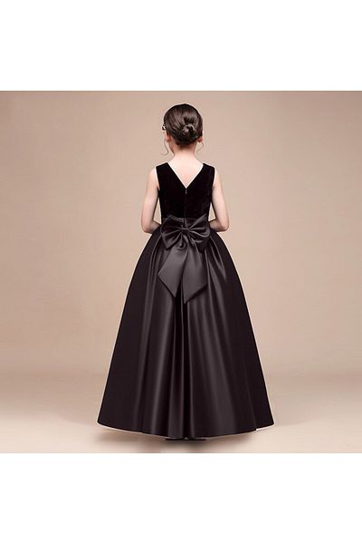 MadyaButik Girls Black Crew Neck Velvet Evening Dress Dress Skirt Satin Dress