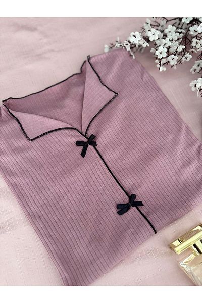 MH Moony Homewears 2-Piece Dusty Rose Combed Cotton Pajama Set with Ribbon Detail