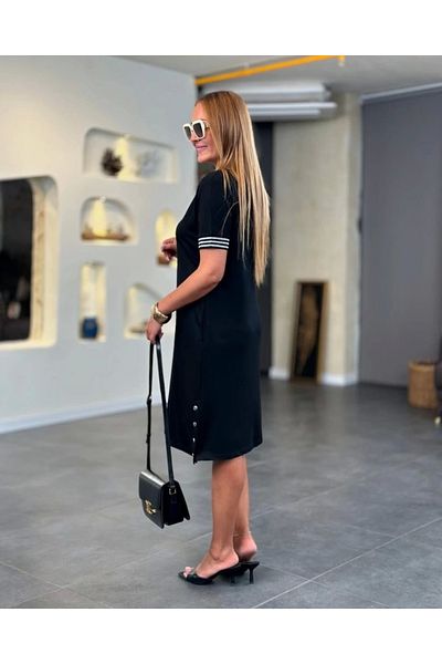 nedo7 Women's Short Sleeve V-Neck Viscose Two Thread Dress with Slits and Buttons on the Sides