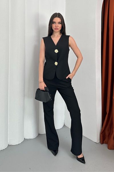 AKD Atelier Women's Double Bottom Top Set Stylish Button Detailed Vest Pants Set