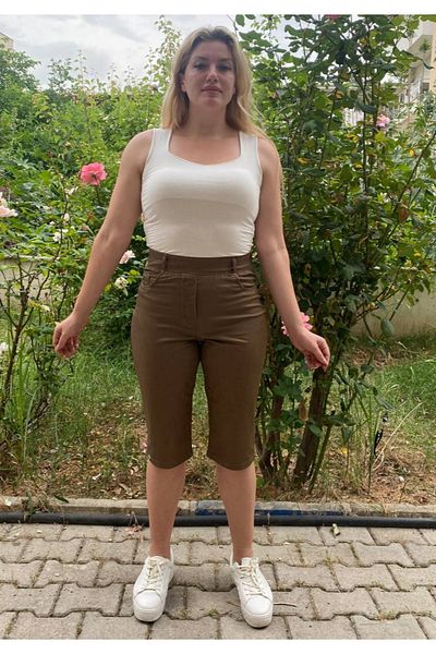 AKŞEN GİYİM Plus Size Full Lycra Elastic Waist Bermuda Cotton Linen Capri