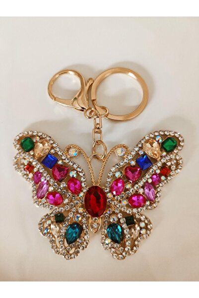 Svc Aksesuar Yeni Yıl Hediyesi Lüks Zirkon Taşlı Büyük Boy Renkli Kelebek Anahtarlık - Çanta Süsü 10,5 Cm
