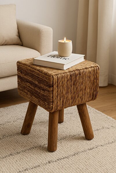 oceanpoint Doğal Lif Dokulu Kare Oturma Taburesi, Masif Ahşap Ayaklı El Yapımı Puf, Bohem Stil Sehpa, 35x45 cm
