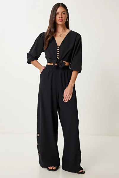 Lovelyİstanbul Set pantaloni bluză crop din in NEGRU LRV0107