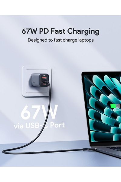 AUKEY 3-Port PD Wall Charger With GaN Power Tech 67W Gray