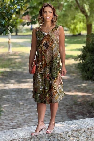 Nevin Kaya Moda Rochie din bumbac fără mâneci kaki cu model chihlimbar