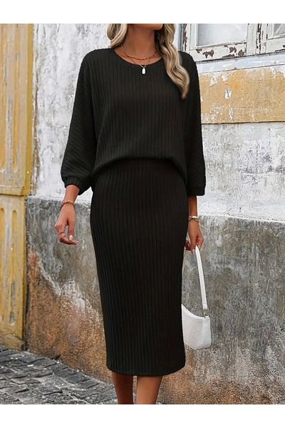 nedo7 Women's Long Sleeve Collar Open Bat Sleeve Hoodie Camisole Blouse and Skirt Set