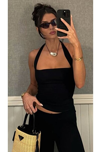 BONNYWILLL Siyah Büstiyer Body Viskon Kumaş Boyundan Askılı Normal Bel Boy SLIM KALIP