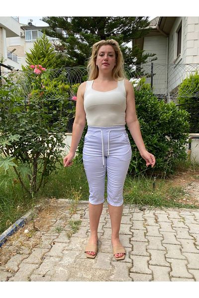 AKŞEN GİYİM Plus Size Full Lycra High Elastic Waist Lace-Up 4 Pocket Bermuda Thin Cotton Linen Capri