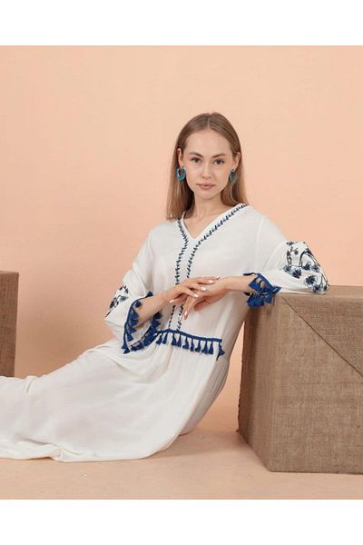 EL jadida Women's Embroidered Tassel Plus Size Long Viscose Dress White