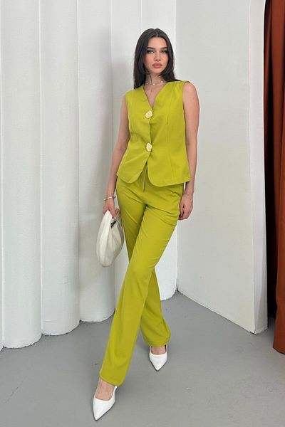 AKD Atelier Women's Double Bottom Top Set Stylish Button Detailed Vest Pants Set