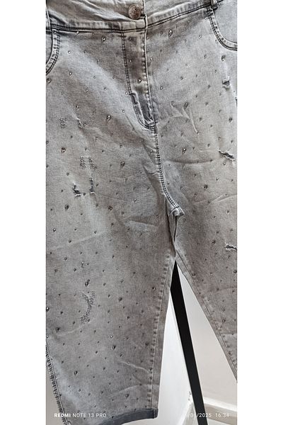 AKŞEN GİYİM Plus Size Full Lycra High Waisted Snow Wash Stoned Summer Denim Fabric Capri