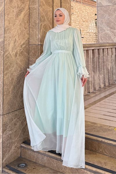 Ovn. Pleated Sleeve Chiffon Dress - Mint Green