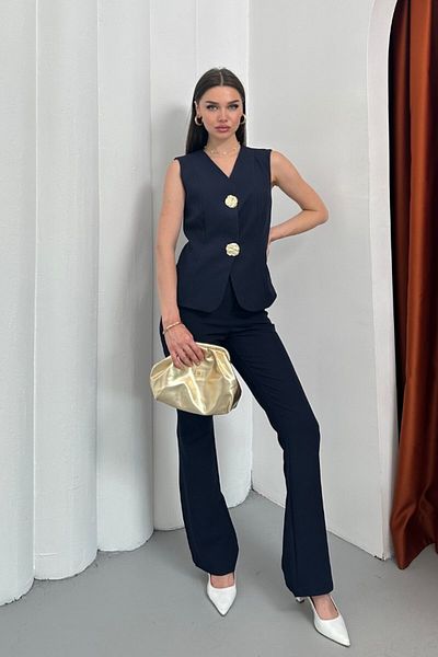 AKD Atelier Women's Double Bottom Top Set Stylish Button Detailed Vest Pants Set