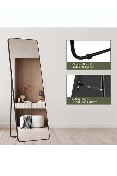 Taimi Full Length Mirror with Aluminum Frame and Metal Stand - 150 x 40 cm - Black