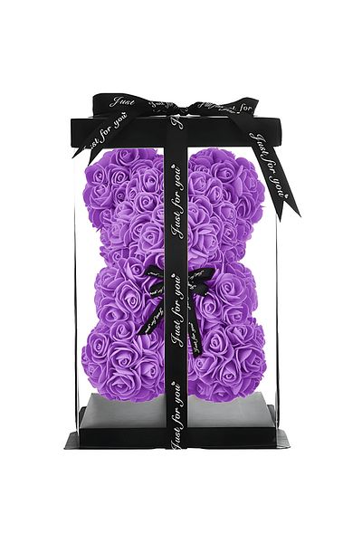 Teno Ursulet din Trandafiri de Spuma Teno®, floral liliac, handmade, cutie transparenta, 25 cm