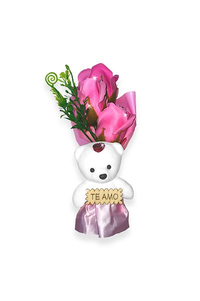 Teno Mini Buchet de Trandafiri din Sapun Teno®, 3 fire, ursulet adorabil inclus, roz deschis