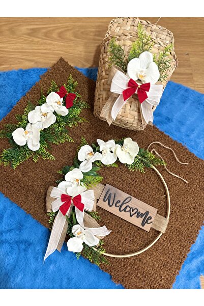 Marrone Welcome Hoşgeldiniz Σετ διακοσμητικών στοιχείων για την πόρτα με ορχιδέες, στολίδι για την πόρτα, χαλάκι και καλάθι, σετ 3 τεμαχίων διακόσμησης για την πόρτα