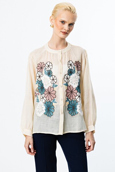 Ekol Çiçek İşlemeli Keten Bluz