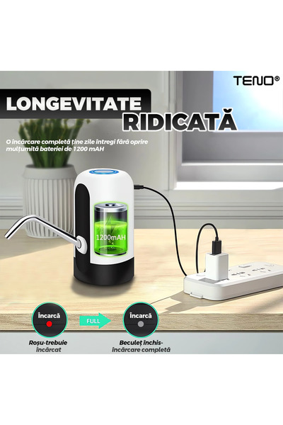 Teno Ηλεκτρικός Διανομέας Νερού Teno®, αντλία φιάλης με μπαταρία 1200 mAH, μαύρο/λευκό