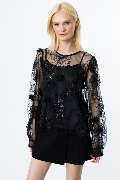 Ekol Sequined Floral Embroidered Blouse with Inner Tank Top