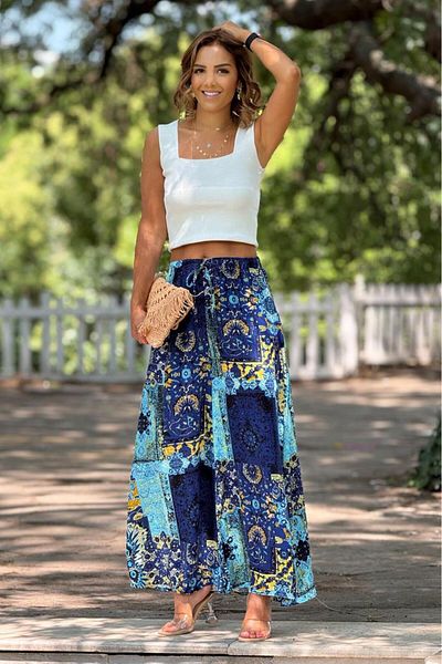 Nevin Kaya Moda Italian Blue Amber Patterned 100% Cotton Viscose Trousers