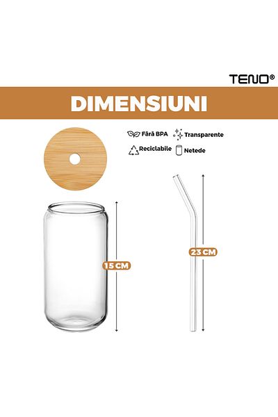 Teno Set of 4 Teno® Glass Cups with Lid and Straw, borosilicate glass, capacity 500 ml, 15 cm