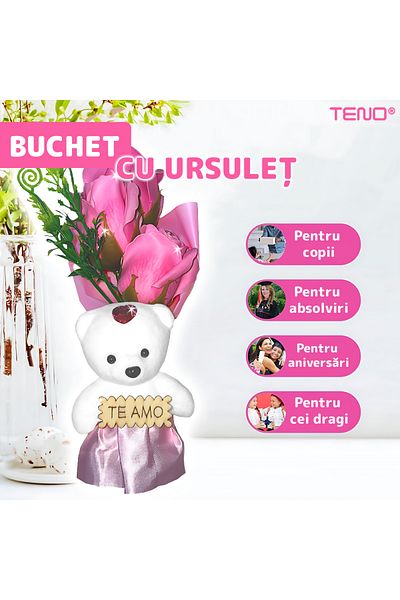Teno Mini Buchet de Trandafiri din Sapun Teno®, 3 fire, ursulet adorabil inclus, roz deschis
