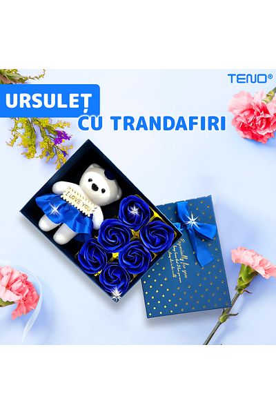Teno Ursulet cu Trandafiri din Sapun Teno®, ”I LOVE YOU”, 6 trandafiri, albastru regal