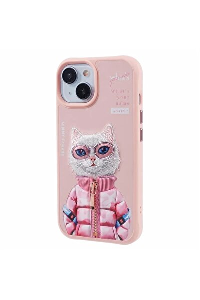 Nimmy iPhone 15 Uyumlu 3D Gözlük Fermuar Beauty Kedi Nakış İşlemeli Kabartmal...