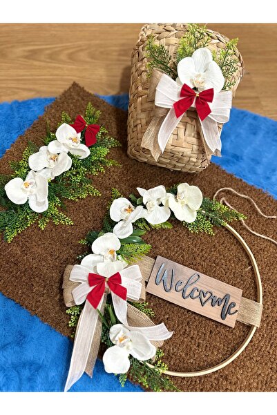 Marrone Welcome Hoşgeldiniz Σετ διακοσμητικών στοιχείων για την πόρτα με ορχιδέες, στολίδι για την πόρτα, χαλάκι και καλάθι, σετ 3 τεμαχίων διακόσμησης για την πόρτα