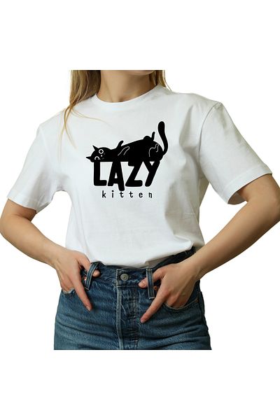 OEM Tricou dama, Lazy Kitten, Pentru iubitorii de pisici, culoarea alb, marimea S
