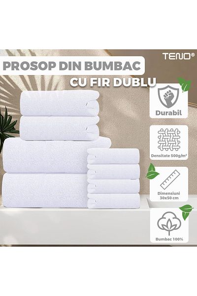 Teno Teno® Double Thread Bath and Face Towel, density 500g/m², dimensions 30x50 cm, white