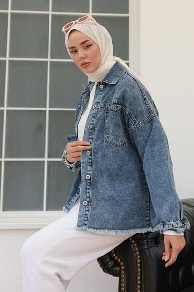 TOFİSA Women's Double Pocket Tassel Detail Denim Jacket Dark Blue - 26576