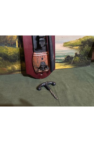 tayfuntufan antika koleksiyon Wall Mounted Metal Wine Opener Corkscrew on Wooden Base Measures 41 cm 14 cm