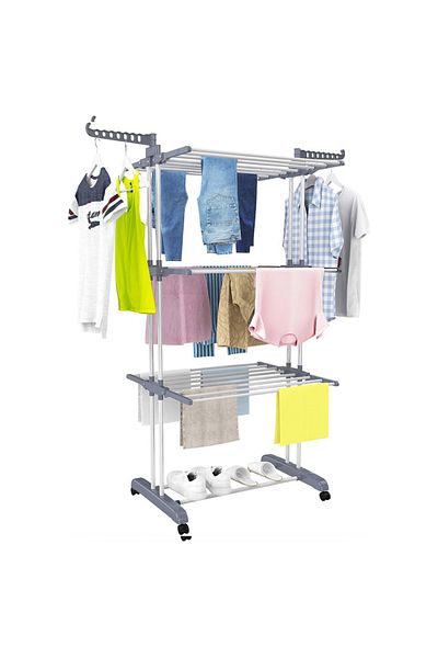 Teno Uscator Vertical pentru Rufe si Haine Teno®, 3 niveluri, mobil, pliabil, inaltime 175cm, gri