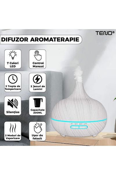 Teno Aromatherapy Diffuser 7 LED colors, capacity 200ml, silent, humidifies the air, white