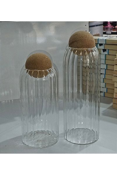 heybecollection 2-Piece Glass Storage Container with Cork Lid 1 Large 1 Small Size