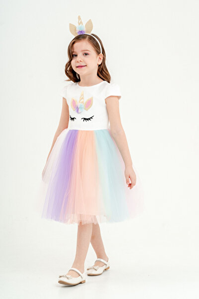 Eray Kids Вечерна рокля с еднорог и пъстър тюл за момиче, костюм за рожден ден и парти с корона, подарък за 3-10 години