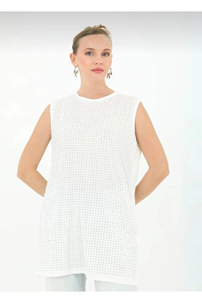 dgs look White Sleeveless Viscose Underwear with Stone Detail on the Front