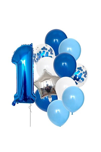 Teno Set of 12 Teno® Balloons, Number 1, Star/Round/Confetti, 3 colors, latex, blue