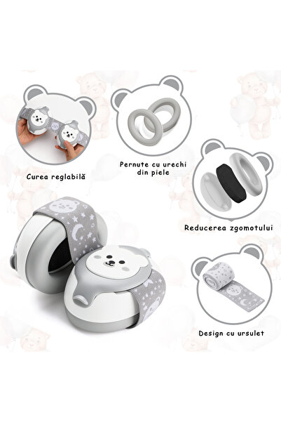 WePro Store Chrániče sluchu pro miminka 3-36 měsíců, ochrana sluchu, systém Fontanelle, elastický čelenka, šedobílé